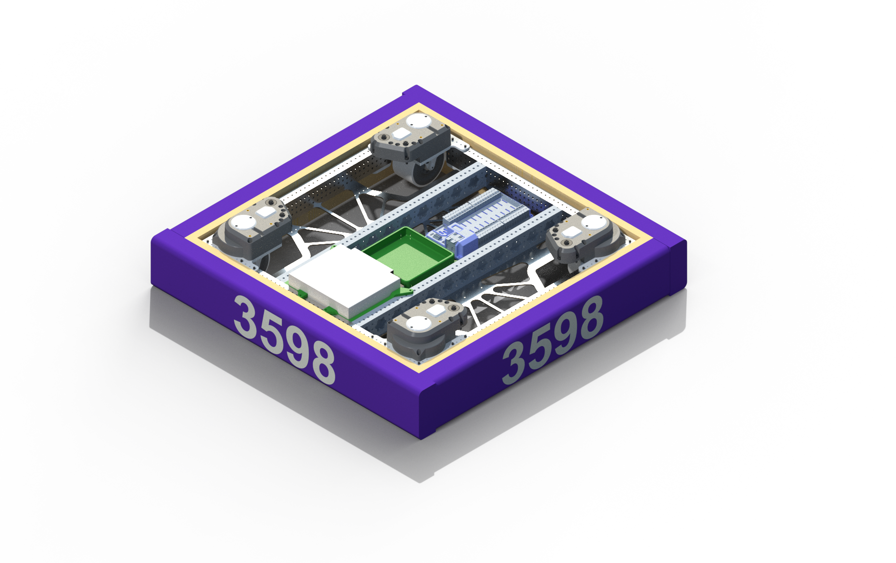 CAD render showing the Team 3598 drivetrain frame, wheel modules, and electronics layout